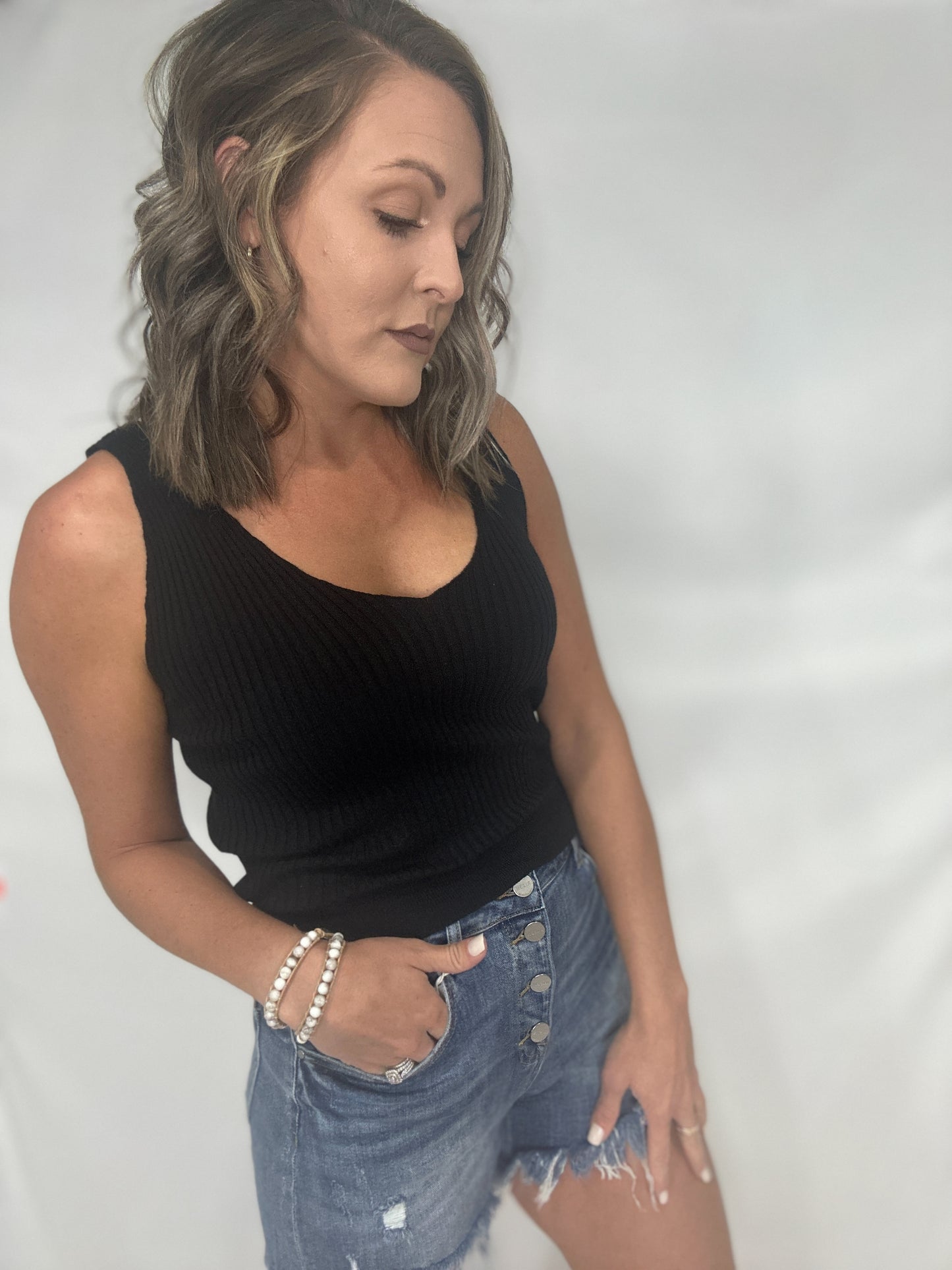 V Neck Rib Knit Tank Top