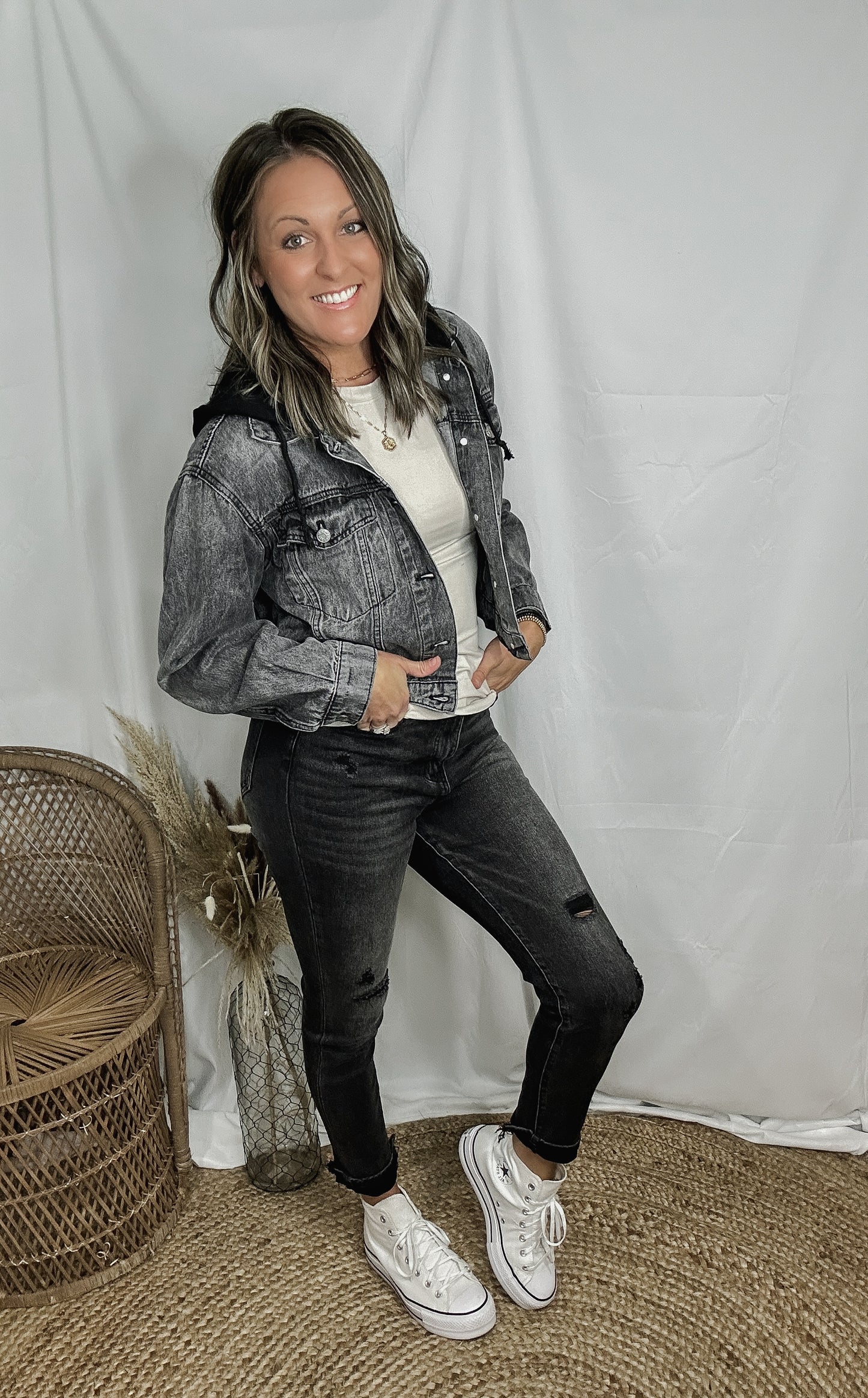 Hannah Hooded Black Denim Jacket